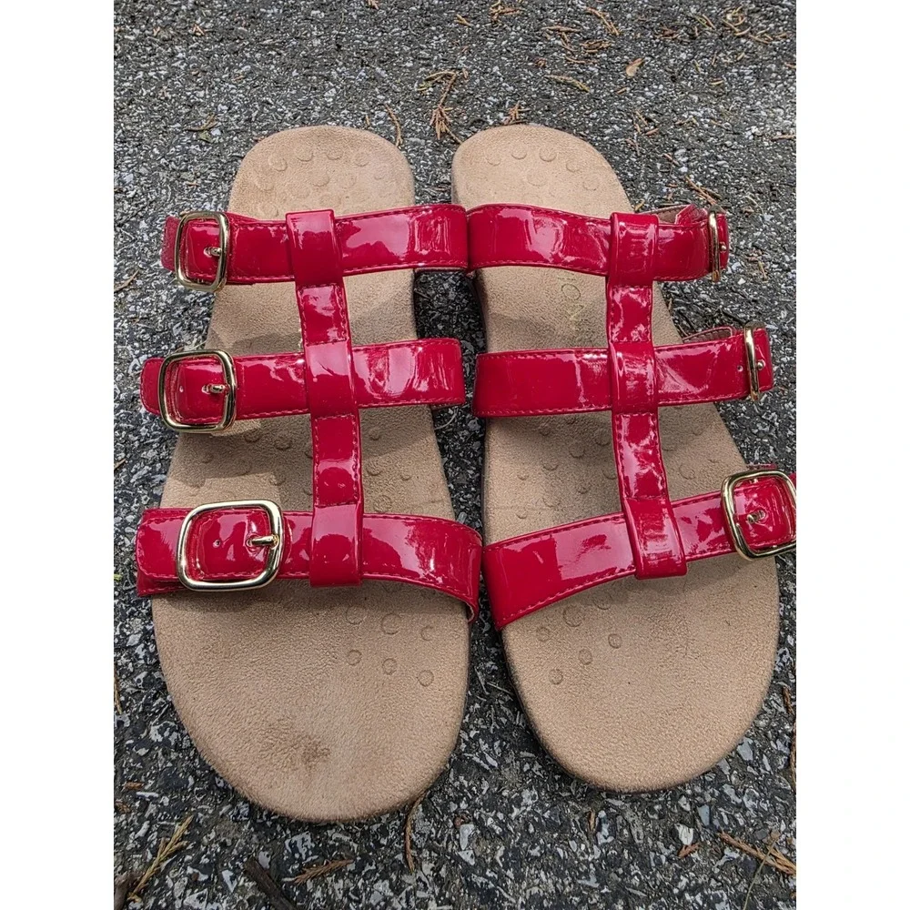 Vionic Misa (Sz 9) Sandals Women's Slides Red Patent Adjustable Straps Buckles